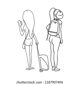 Girls travel, line drawing , images of two girls with a bag and a backpack, on the road, handdrawn  vector