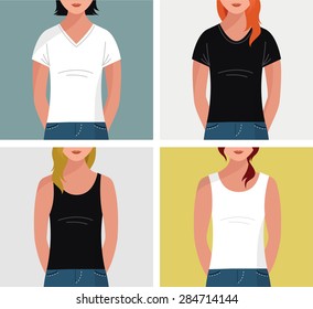 Girls with t-shirts, vector flat mock up, template set