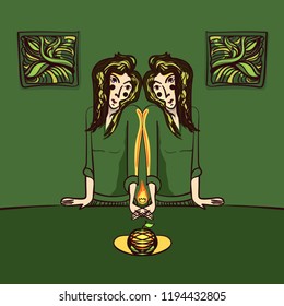 Girls twins holding fire apple on the plate green yellow orange look at each other holding hands