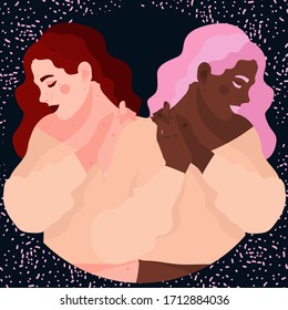 Girls twins sisters. Beautiful stylish womans. Illustration of Gemini astrological sign. Space background.