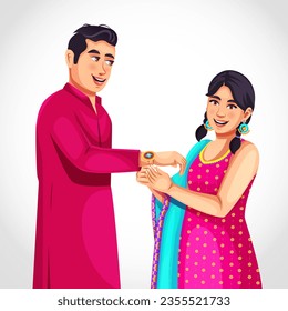 Girls tying Rakhi to brother on the occasion of the Indian Festival Raksha Bandhan or Bhai Dooj. Characters in Indian ethnic clothes.