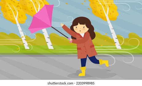 The Girl's Umbrella Is Blown Away By The Wind