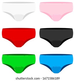 El vector de calzoncillos para niñas aislado en fondo blanco. Llencería blanca, negra, rosa, roja, azul, verde.Hombres.Las mujeres son panzas. Dibujo de diseño plano vectorial estilo caricatura.