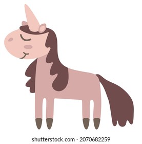 Girls unicorn. Cute pink pony. Horse with magic horn smiles charmingly at children. Fairytale cartoon animal quietly sweet dozing while standing. Vector color flat baby illustration without outline.