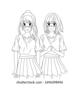 girls using face masks anime characters vector illustration design