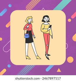 Girls using mobile phone. Vector illustration. Teenagers standing, talking and texting messages on smartphone. Communication, technology concept for banner, website design or landing web page