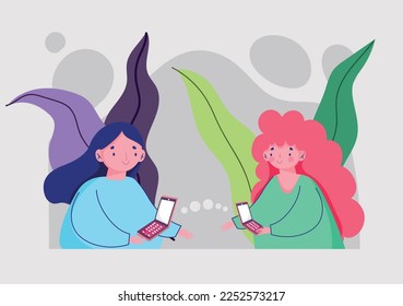 girls using smartphone vector style