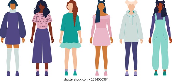 A lot of girls. A variety of beauty. Flat vector illustration. Transparent background