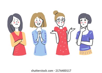 Las niñas tienen diversas emociones y posa una colección vectorial. Mujer joven, personaje adolescente ilustrado a mano en un estilo plano y garabato, diseño de persona aislada