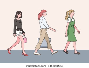 Girls of various fashion styles are walking down the street. hand drawn style vector design illustrations. Girls of various fashion styles are walking down the street. hand drawn style vector design illustrations.