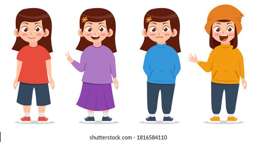 girls with various poses and clothes, casual, skirt, sweater, skullcap, cartoon vector illustration