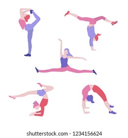 Girls in various sport gymnastic poses isolated on white background, vector illustration in flat style. People play sports, set.