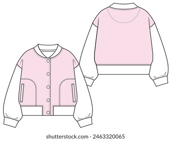 Girls Varsity Bomber Jacket Outerwear Technical Fashion Flat Sketch Mock Up Cad Design