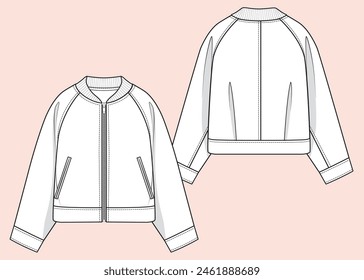 Girls Varsity Bomber Wool Zipped Jacket Fashion Technical Flat Sketch Front Back Mock Up Cad Desgin