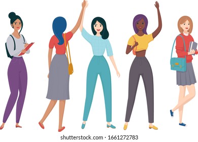 girls, vector characters. young woman, students smiling, greeting, studying