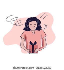 The girl's vector drawing holds a box with a gift in her hands. Gives a gift