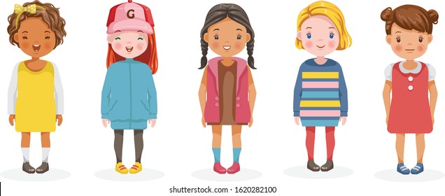 Girls vector set of kids. Children of five characters. Cute cartoon different and various ethnicities. Fashion and hairstyles of children. Kid poses and emotions. Different full body. 