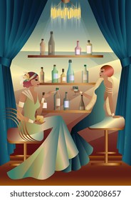 girls in vintage dresses. shelves with alcohol. Vintage art deco style invitation template design for drink list, bar menu, glamorous event, themed wedding, jazz party flyer, etc.
