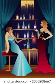 girls in vintage dresses. shelves with alcohol. Vintage art deco style invitation template design for drink list, bar menu, glamorous event, themed wedding, jazz party flyer, etc.