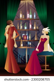 girls in vintage dresses. shelves with alcohol. Vintage art deco style invitation template design for drink list, bar menu, glamorous event, themed wedding, jazz party flyer, etc.