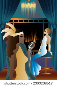girls in vintage dresses. window. alcohol. Vintage art deco style invitation template design for drink list, bar menu, glamorous event, themed wedding, jazz party flyer, etc.