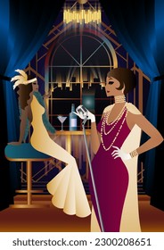 Mädchen in Vintage-Kleider. Fenster. Alkohol. Vintage Art Deco Stil Einladung Design für Getränke-Liste, Bar-Menü, glamouröse Veranstaltung, thematisch Hochzeit, Jazz Party Flyer, etc.