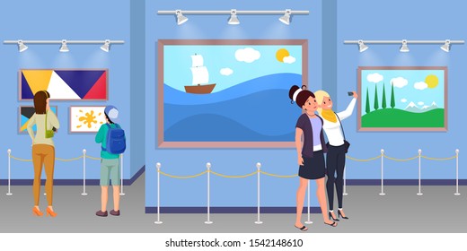 Girls visiting museum vector illustration. Young women taking selfie in art gallery cartoon characters. Mother and child enjoying modernist paintings, tourists at excursion, cultural pastime idea