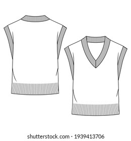 Girls V-Neck Sweater Vest fashion flat sketch template. Technical Fashion Illustration. Wide Rib Waistband