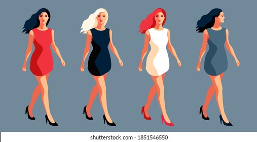 Niñas caminando con ropa de verano informal de diferentes colores, con pelo negro, blanco y rojo. Conjunto de caracteres femeninos, longitud total, cara completa y vista lateral. Ilustración del vector