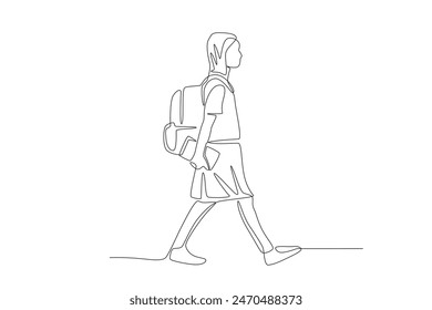 Girls walking to school. Back to school concept one-line drawing