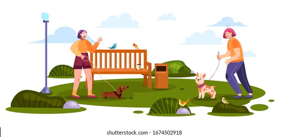 Girls walking their bulldog and dachshund in green city park. Morning activities concept with meadow, bench, trash can, female characters and their pets. Horizontal banner in cartoon flat style.