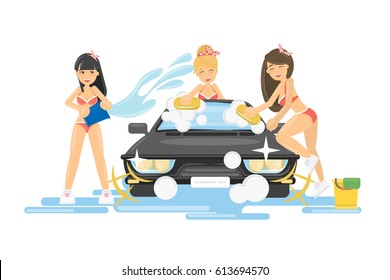 Girls Wash The Car. Sexy Beautiful Girls In Bikini Wash The Car With Soap And Sponge.