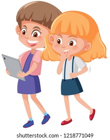 Girls watching tablet on white background illustration