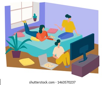 Girls are watching tv at home, having pizza and hanging loose together. Flat cartoon vector illustration.