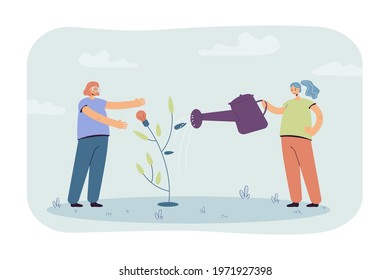 Girls watering small idea tree. Female character with big watering can, lightbulb plant flat vector illustration. Teamwork, development, startup concept for banner, website design or landing web page