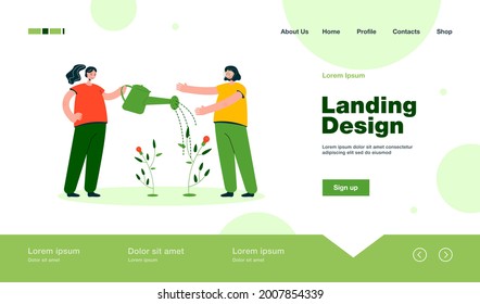 Girls watering small idea tree. Female character with big watering can, lightbulb plant flat vector illustration. Teamwork, development, startup concept for banner, website design or landing web page