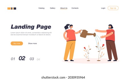 Girls watering small idea tree. Female character with big watering can, lightbulb plant flat vector illustration. Teamwork, development, startup concept for banner, website design or landing web page