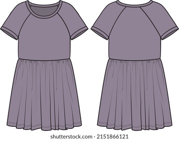 GIRLS WEAR LONG CHIFFON WOVEN DRESS FRONT AND BACK VECTOR SKETCH