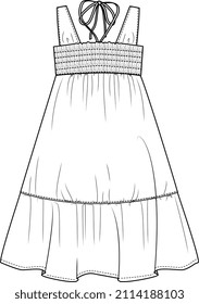 GIRLS WEAR SMOCKED RUFFLE DRESS VECTOR FLAT SKETCH