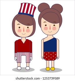 girls wearing celebration USA America patriotism fourth july costume stripes using uncle sam hat vector illustrator flat