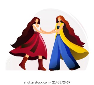 Girls wearing flags of Ukraine and Poland countries support and help. Polish people help Ukrainian refugees. No war, peace for Ukraine.The concept of supporting Poland during the war. 