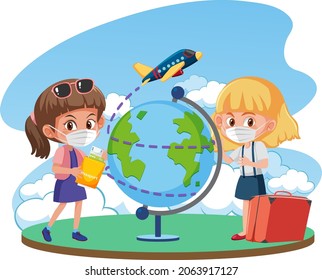 Girls wearing mask and ready to travel during covid-19 pamdemic  illustration