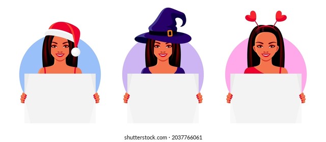 Girls wearing masquerade costumes for Christmas, Halloween and Valentine's Day. Set of smiling women with empty posters in hands. Vector isolated illustrations templates for holiday ads