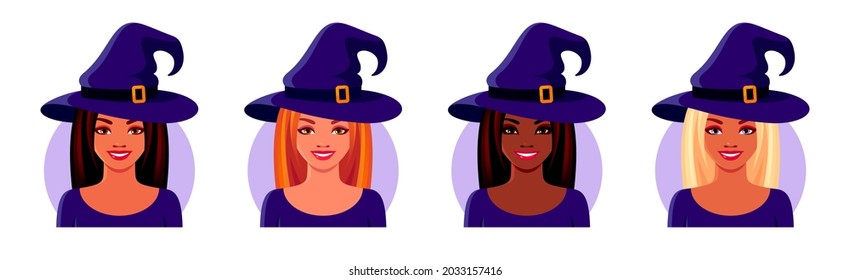 Girls wearing masquerade witch costumes for Halloween. African American and European women. Set of smiling avatar faces. Vector colorful isolated illustrations