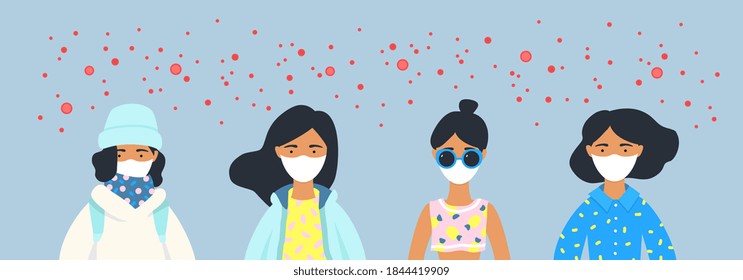 Girls wearing medical masks. Vector flat illustration. Coronavirus quarantine, 2019-ncov, covid 19 concept. Memphis geometrical style. Four seasons. Banner, poster, print, header. Abstract background