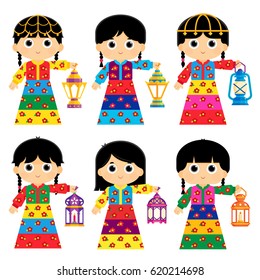 Girls Are Wearing An Old Traditional Clothes In Some Arab Gulf Countries And Carrying Ramadan Lanterns