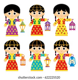 Girls are wearing an Old Traditional Clothes in some Arab Gulf Countries and carrying Ramadan Lanterns