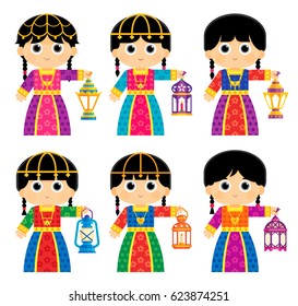 Girls are wearing Old Traditional Clothes in some Arab Gulf Countries and carrying Ramadan Lanterns