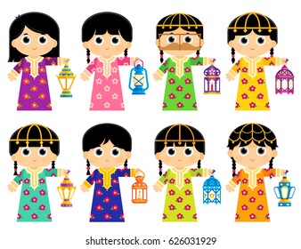 Girls are wearing an Old Traditional Clothes in some Arab Gulf Countries and carrying Ramadan Lanterns
