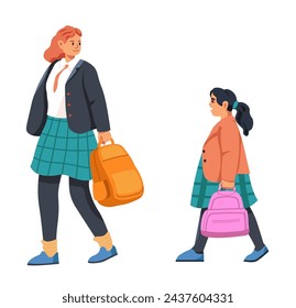Girls wearing school uniform with bags or backpacks going to educational institution or center of learning. Obtaining knowledge and learning new skills, development of children. Vector in flat style